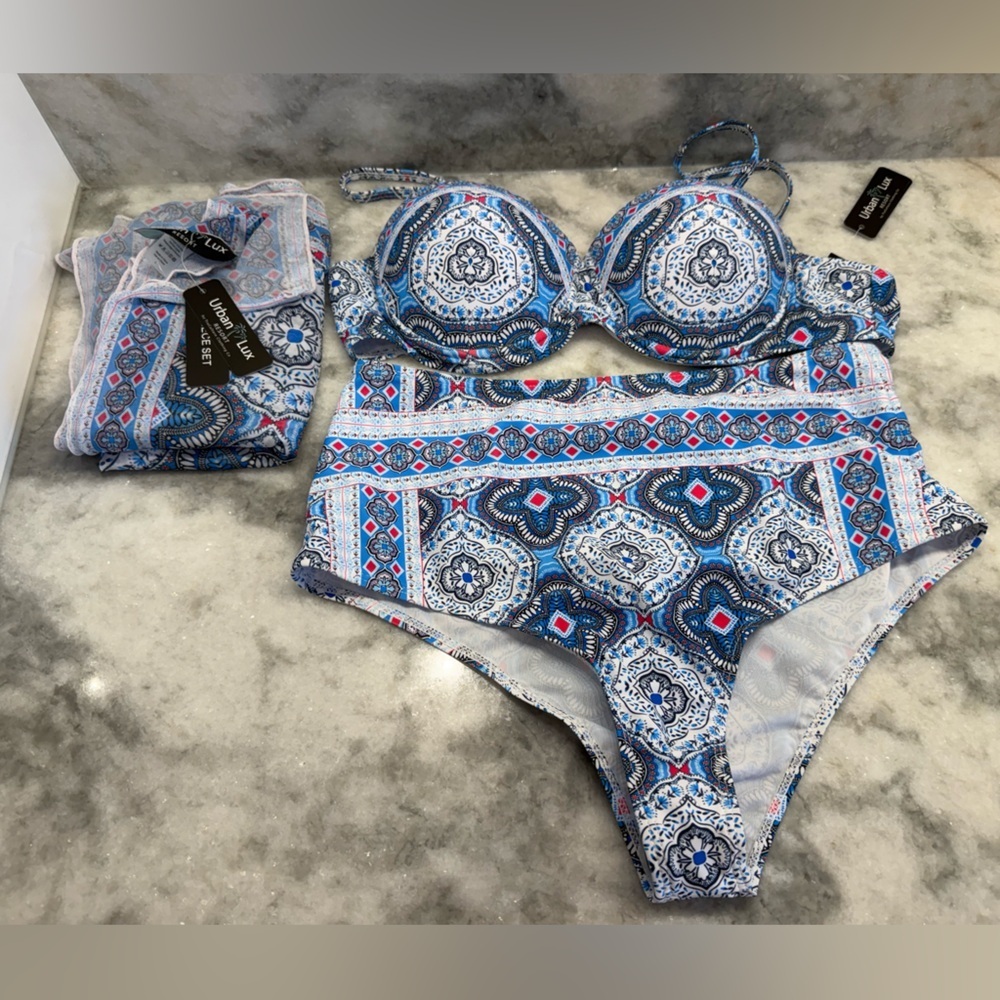 Urban Lux 3-Piece Swimsuit Set BNWT Size L Bikini + Sarong Pareo Blue Medallion - Picture 6 of 13